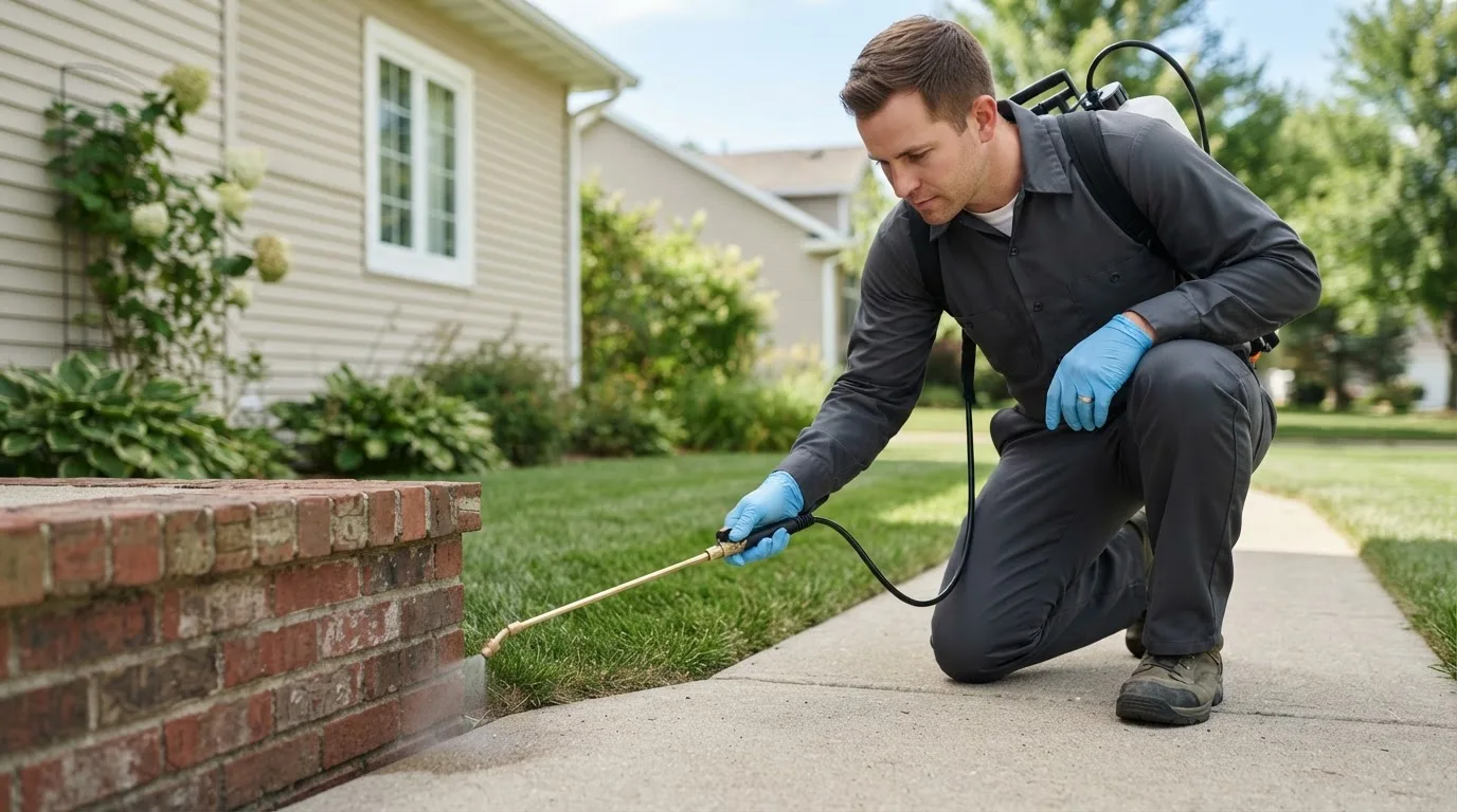 Pest control technician treating a home near Valley Falls, KS